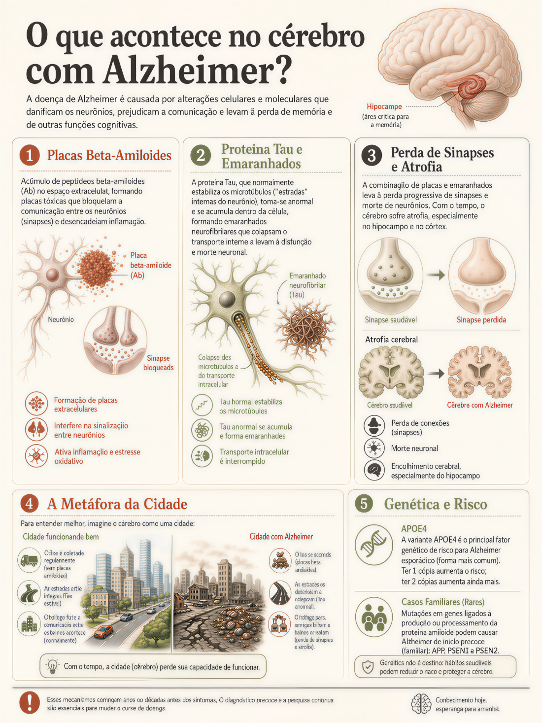 Infográfico O que acontece no cérebro com Alzheimer: placas beta-amiloides, proteína tau e emaranhados, perda de sinapses e atrofia, a metáfora da cidade e genética e risco.