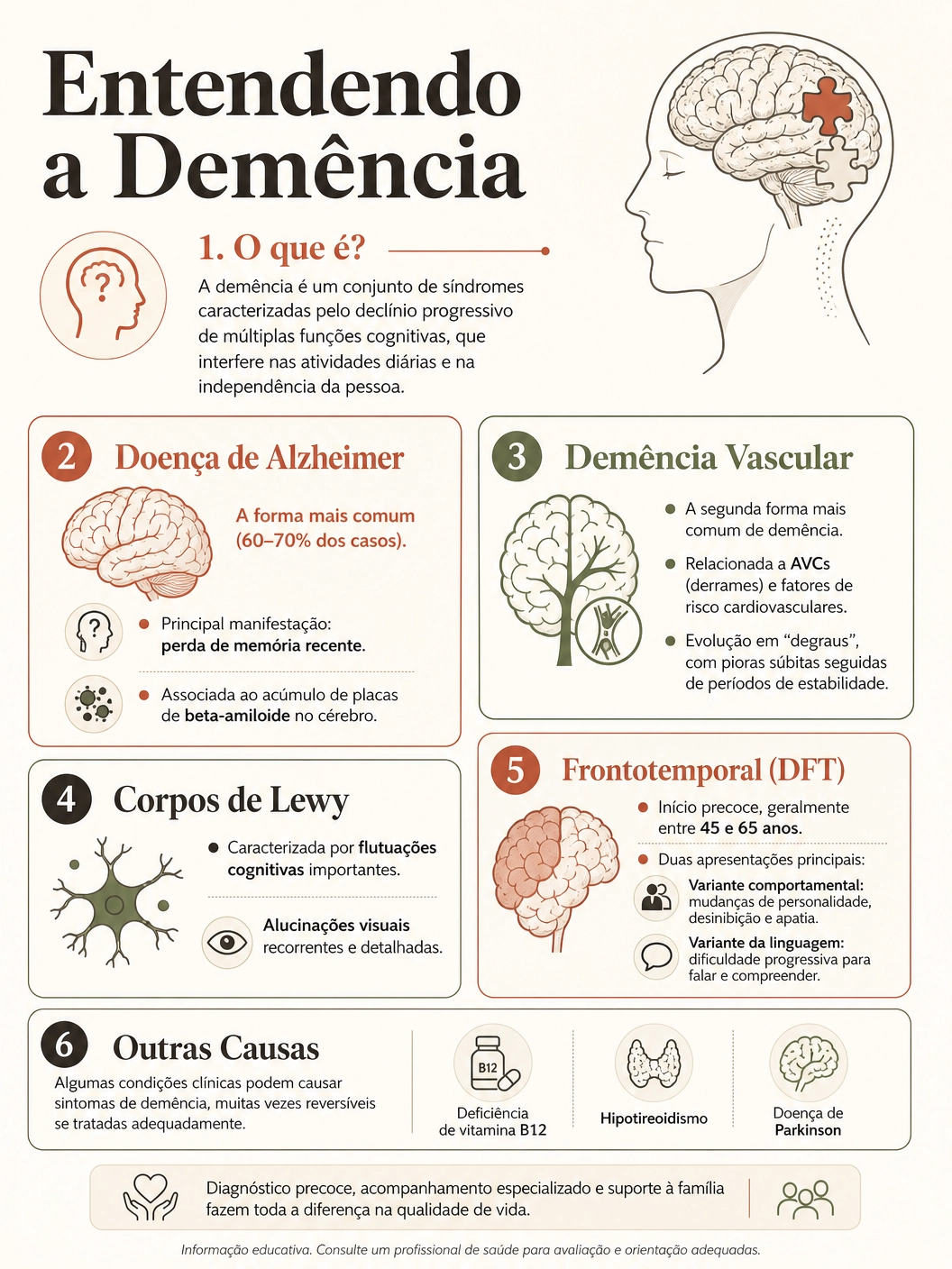 Infográfico Entendendo a Demência: os principais tipos de demência — Alzheimer, vascular, corpos de Lewy, frontotemporal e outras causas.
